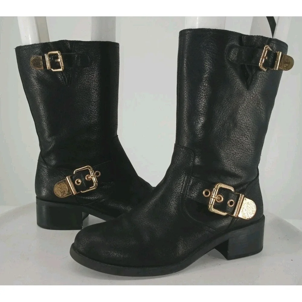 Vince Camuto Black Leather Moto Boots Womens Size 7.5M Gold Buckles C124